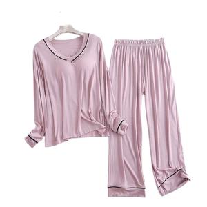 Women Solid Woven Night Suit Cotton Two Piece Sleepwear <b>Set</b> Front Logo High Quality Quick Dry Breathable - Product Image 2