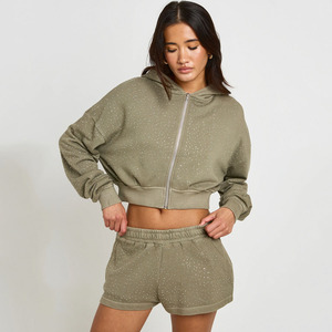 OEM Custom Logo Washed Rhinestone Boxy Crop Zip Hoodie And Shorts <b>Women's</b> Tracksuits Cotton Breathable Gymwear <b>Women</b> <b>Sweatsuits</b> - Product Image 1