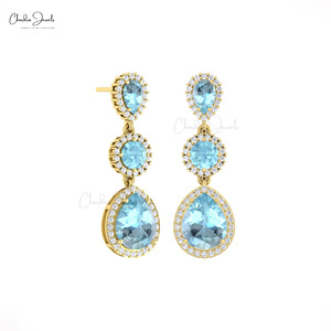 Trending Products 1.10mm Brilliant Cut White Diamond Halo <b>Earrings</b> with Aquamarine Gemstone In 14k Solid Gold Cocktail <b>Earrings</b> - Product Image 1