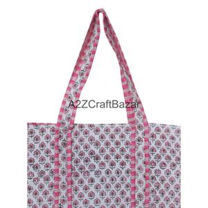 Quilted Cotton Large Tote <b>Bag</b> Handprinted Reversible Multicolor Striped <b>Long</b> Handle Eco-Friendly Daily Use Shopping Jhola <b>Bag</b> - Product Image 2