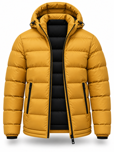 Men's Mustard Hooded Puffer <b>Jacket</b> Winter Waterproof Windproof <b>Casual</b> Zipper Polyester Wadding Regular Length Solid Color Custom - Product Image 3