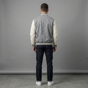 Men's Light Grey Wool <b>Jacket</b> Cream Sleeves Custom Logos Rib Knit Collar Cuffs Zip Front Luxury Streetwear Bomber Outerwear Style - Product Image 2