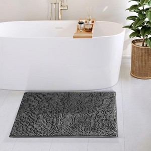 Tapis de bain moderne en chenille rectangulaire gris foncé, antidérapant avec dos en caoutchouc, épais, à motif festonné, réversible, lavable en machine - Product Image 2