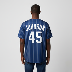 Camiseta de Béisbol de Alta Calidad para Hombre, Azul con Rayas Finas, Manga Corta, Cierre de Botones, Johnson 45, Transpirable, Corte Regular, para Todas las Temporadas - Product Image 6