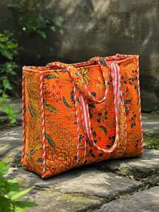 VEER HANDIRCRAFTS Orange Floral <b>Quilted</b> <b>Velvet</b> Tote Bag Vintage Style Open Top Shopping Bag with Chains All Seasons Use Travel - Product Image 3