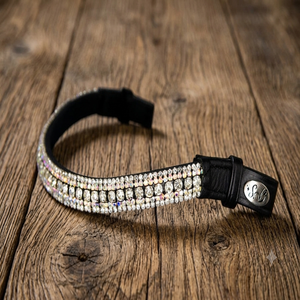 Diadema para caballo de cuero de búfalo negro grueso con forma de onda, con cristales transparentes blancos de 5 filas personalizados, brillantes y con efecto diamante. - Product Image 1