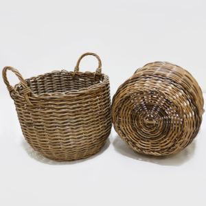 Handmade Rustic Eco Friendly Poly Rattan Wicker <b>Foldable</b> Round Storage <b>Basket</b> Laundry Bin Set Nesting with Handles - Product Image 1