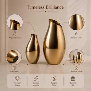 Vase en aluminium moderne de luxe, durable, finition mate dorée métallique, forme sculpturale, silhouette incurvée, ouverture angulaire, élégant pour la table - Product Image 5