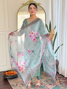 Green Rayon Quick Dry Spring Summer Autumn Knee-Length <b>Kurta</b> Set Embroidered Neckline Floral Dupatta <b>Women</b> Traditional Casual - Product Image 5