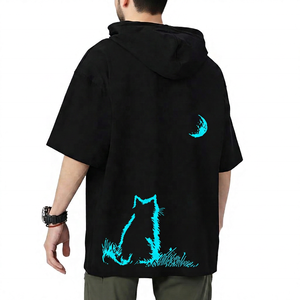 เสื้อยืดโอเวอร์ไซส์มีฮู้ดสีดำสำหรับผู้ชายพร้อมลายพิมพ์แมวและดวงจันทร์แขนสั้นเสื้อผ้าฝ้ายลำลอง - Product Image 3