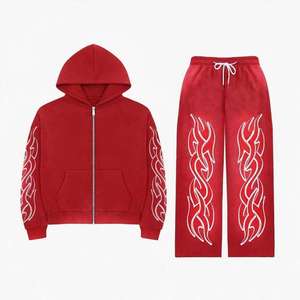 Ensemble de survêtement rouge personnalisé à capuche avec imprimé flamme, streetwear unisexe adulte, sweat-shirt à fermeture éclair et pantalon, effet délavé soleil - Product Image 2