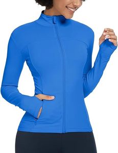 Chaqueta de Mujer Azul con Cuello Alto y Cremallera, Manga Larga, Transpirable, Color Sólido, Bolsillos, Corte Regular, para Todas las Temporadas, Informal - Product Image 1