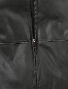 <b>Men's</b> Black PU Leather Hooded Bomber Jacket Waterproof Zipper Closure Front Logo Color Blocking Casual Short Sleeve Winter Wear - Product Image 6