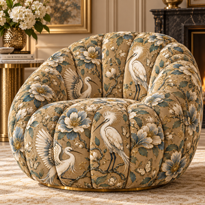 Tissu d'ameublement à imprimé floral et oiseaux, fond crème, pour rembourrage de canapé et de chaise - Product Image 3