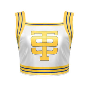Uniforme de animadora blanco y azul para mujer con logo amarillo, top sin mangas y falda plisada para adultos, nuevo diseño, precio al por mayor. - Product Image 4