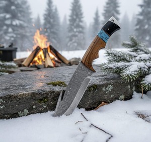 Couteau de chasse à lame fixe en acier Damas fait main sur mesure, 12 pouces, à bord biseauté, avec manche en bois et incrustation de turquoise - Product Image 3