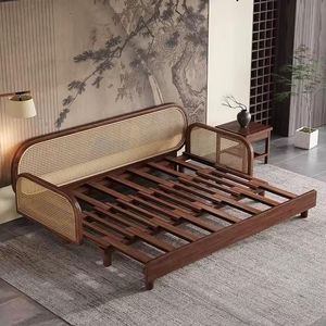 Sofá cama convertible de madera de teca con respaldo de ratán y tapicería de tela para sala de estar - Product Image 2
