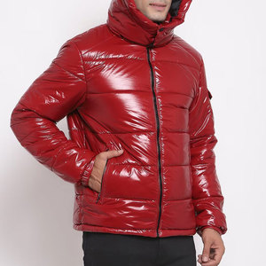 <b>Men's</b> Red PU Puffer <b>Jacket</b> With Hood <b>Down</b> <b>Filled</b> Windproof Casual Winter Coat Patch Design Left Sleeve Zipper Closure - Product Image 2