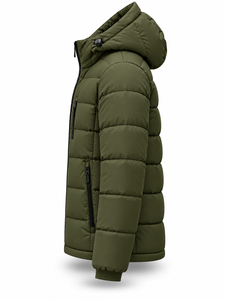 Men's Olive Green Hooded Puffer <b>Jacket</b> Waterproof Quick Dry Front Windproof Zipper Closure 100% Polyester Winter <b>Casual</b> Coat - Product Image 4