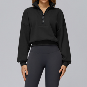Sweat-shirt court oversize pour femme avec fermeture éclair, col montant, épaules tombantes, manches longues, couleur unie, tricoté, respirant, pour l'automne - Product Image 5