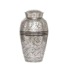 Handmade Silver Metal Cremation Urn for Human Ashes 220 Cubic Inch Decorative <b>Memorial</b> <b>Keepsake</b> with Floral Engraved Lid Body - Product Image 1