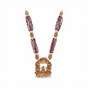 ชุดสร้อยคอยาวแบบโบราณของอินเดีย ทำจากทอง 22K ประดับด้วยไข่มุกและลูกปัดสีเขียว |   ชุดเจ้าสาวลายพิมพ์นกยูง - Product Image 6