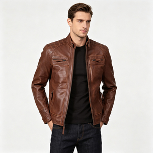 Veste moto en cuir véritable, coupe ajustée, fermeture éclair, col rabattable. - Product Image 1