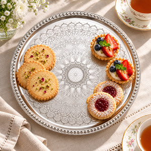 Assiette de service ronde Rajwada en acier inoxydable, assiette à dîner, plateau floral en relief pour fête, mariage, table - Product Image 6