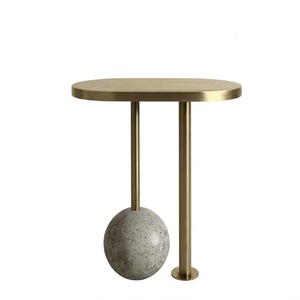 Eclectic <b>Round</b> Wooden <b>Side</b> <b>Table</b> with Carved Patterns on TOP And Bottom with Metal Brass Accents For Living Room Furniture - Product Image 5