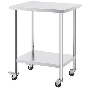 Banco da Lavoro in Acciaio Inox a 4 Ruote, Altezza Regolabile su 3 Livelli, 24x30x38 Pollici, Tavolo per Preparazione Alimenti - Product Image 1