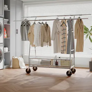 Stainless Steel Clothing Organizer <b>Rack</b> with Telescopic Rails and <b>Storage</b> Basket 42.2-65.4 x 39.4 x 70 Inches Portable Space - Product Image 1