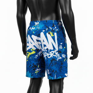 กางเกงว่ายน้ำชายไมโครไฟเบอร์คุณภาพสูง สีน้ำเงิน ลายกราฟิก น้ำหนักเบา แห้งเร็ว ระบายอากาศได้ดี เอวยางยืด โลโก้แบบซับลิเมชั่น - Product Image 5