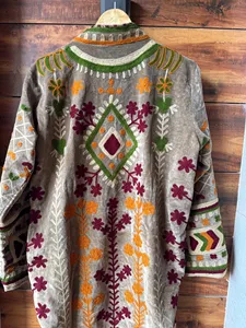 Veste longue en velours gris foncé de qualité supérieure, brodée de fleurs, style bohème, manches longues, col montant, vêtements d'extérieur pour femmes, hiver - Product Image 4