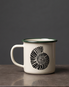 Premium Iron <b>Enamel</b> Camp <b>Mug</b> Custom Fossil Seashell Graphic Design Shatterproof Metal Coffee Cup with Green Rim for Hiking - Product Image 1