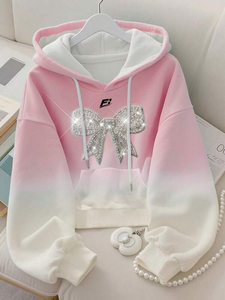 Sudadera con capucha para mujer, con lazo decorativo, cordón ajustable, manga larga, informal, corta, con bolsillo tipo canguro - Product Image 1