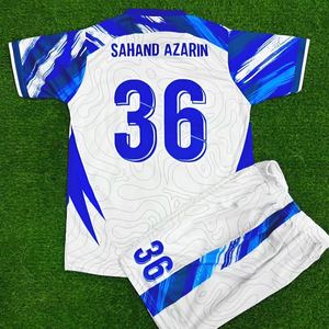 Ensemble complet d'uniformes de football Rexfit Sports, maillot et short sublimés, bleu et jaune rayé, évacuation de l'humidité, coupe athlétique pour hommes adultes - Product Image 4