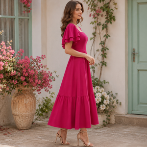 Vestido Largo Maxi Rosa Intenso con Cuello Cuadrado y Mangas con Volantes en Capas para Mujer, Estilo Elegante Casual para Fiesta de Verano - Product Image 2