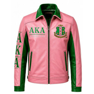 Chaqueta Bomber de Cuero Rosa Bordada Alpha Kappa Alpha AKA para Hombre, Cuello Camisero, Cierre de Cremallera, Estilo Moto - Product Image 5