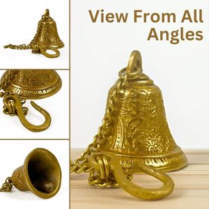 Brass Hanging Temple Bells with Chain Antique Finished Traditional Pooja Bell for Home <b>Mandir</b> Decor - Product Image 2