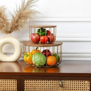 Round Metal Fruit <b>Basket</b> Wooden Lid Set | Glossy Finish | Multifunctional Modern Fruit Storage Bowl | Kitchen Table Organizer - Product Image 2