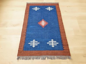 Handmade Kilim Area Rug Geometric Pattern Blue <b>Brown</b> Rectangle Flatweave <b>Wool</b> Acrylic Jute Backing Living Room Prayer Rug - Product Image 2