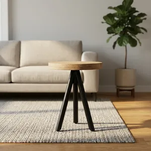 Modern <b>Round</b> Wooden Side <b>Table</b> With Black Metal X Base Minimalist Living Room Furniture Durable Design - Product Image 4