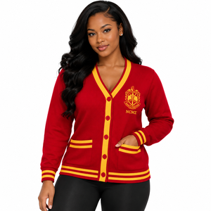 Suéter Cárdigan de Punto para Mujer, Marca PDK, con Cierre de Botones, Escudo Bordado en el Pecho y Puños a Rayas, Cómodo para Damas - Product Image 1