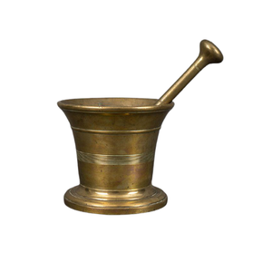 Mortero y pilón de latón color oro, diseño antiguo, forma redonda, para moler jengibre y ajo, a la venta. - Product Image 1