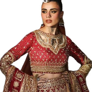 Premium Pakistani Bridle Dress Deep Maroon <b>Red</b> Velvet <b>Silk</b> Bridal Lehnga Choli With Heavy Gold Zardosi Embroidery Handcrafted - Product Image 4