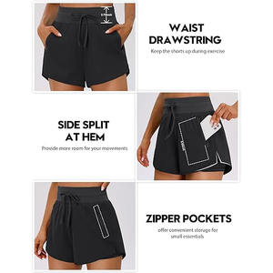 LEAFITS Short de sport noir taille haute pour femme avec cordon de serrage, séchage rapide et respirant, poches zippées pour la course et l'entraînement en salle de sport - Product Image 5