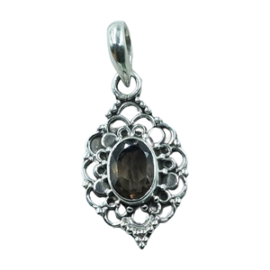 Pendentif en quartz fumé naturel, argent sterling 925, fait main, bijoux vintage en filigrane, pendentif ovale à facettes en pierre précieuse marron - Product Image 1