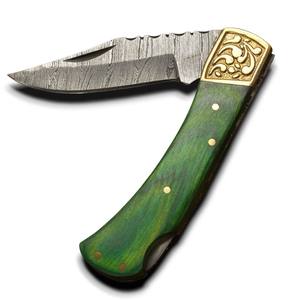 Couteau pliant professionnel en acier Damas pour bricolage industriel, manche en bois vert gravé, personnalisable OEM/ODM, multifonctionnel - Product Image 1