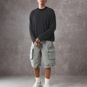 Men's Black Striped O-Neck Long Sleeve Knitted T-Shirt Casual Style Plain Cotton Boxy Fit <b>Stripped</b> T Shirts - Product Image 1
