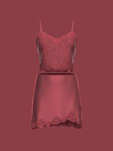 Ensemble de lingerie de nuit en dentelle bordeaux pour femme, sans manches, sans bretelles, deux pièces, jupe courte, en spandex et nylon doux, pour le printemps - Product Image 6